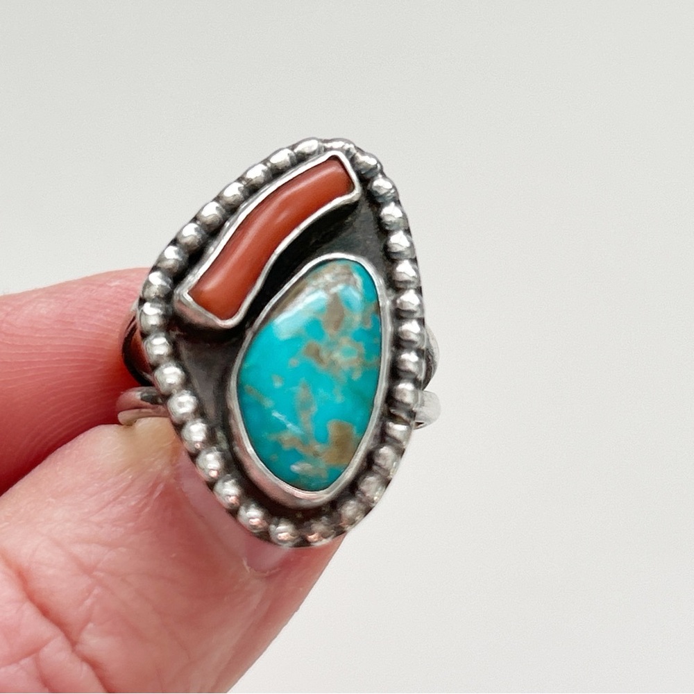 Vintage Southwestern Coral Turquoise Sterling Silver Ring